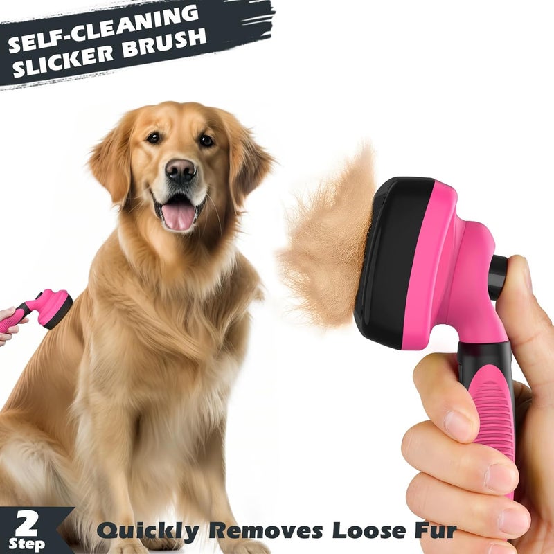 Augwind 3PCS Self Cleaning Slicker Brush & Pet Grooming Rake & Bath Brush for Dogs,Cats and Horses | Double-Sided Dematting Comb & Skin Friendly Deshedding Grooming Tool | Premium Pet Supplies (Red Black) - Image 4